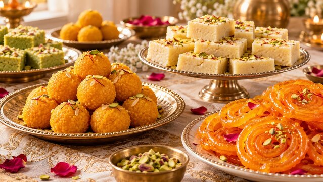 Assorted Indian sweets ladoo barfi and jalebi on brass platters with pistachios and rose petals. Traditional mithai dessert spread for festive celebration. Diwali treats and sweet food