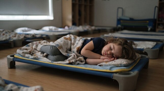 A young child sleeping peacefully on a small cot during nap time in a quiet preschool classroom