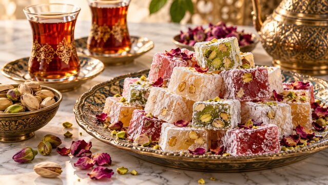 Turkish delight with pistachios and rose petals on ornate metal plate with tea in traditional glasses and copper pot. Sweet treats and middle eastern dessert concept