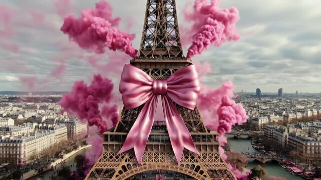 A Gift-Wrapped Eiffel Tower Adorned with a Massive Pink Ribbon in Paris, Surrounded by Pink Smoke