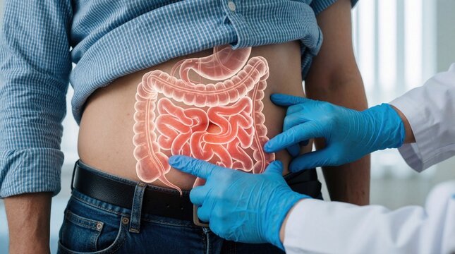 Doctor examines male patient abdomen with blue gloves. Digital overlay shows human digestive system with inflamed appendix. Physician checks intestinal health, stomach pain, gut disease in clinic.