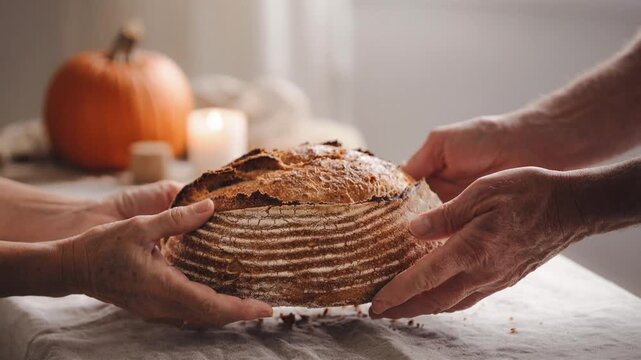 Hands sharing sourdough loaf at an autumn thanksgiving table, slow motion