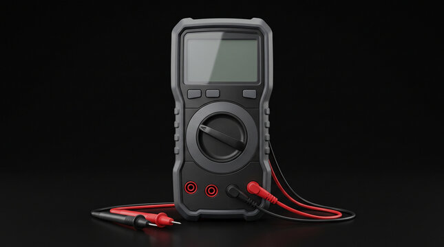 A digital multimeter with red and black probes standing upright against a dark black background with multimeter connected testing probes stands centered plain black surface