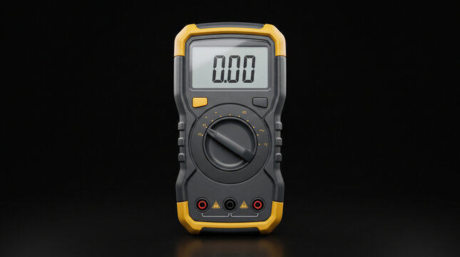 A digital multimeter device with a yellow and black case isolated on black background with against dark background multimeter screen dial sits centered with professional