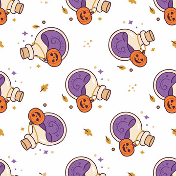 Halloween seamless pattern with magic potion bottles and pumpkins