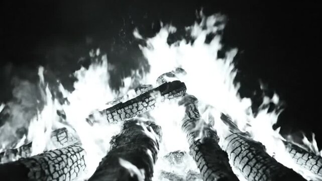 Black and white close up of a roaring bonfire with crackling flames in the dark night