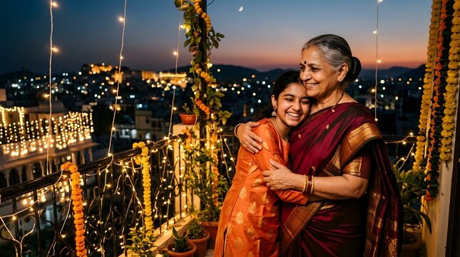 Senior woman and granddaughter embracing on a balcony during a festival