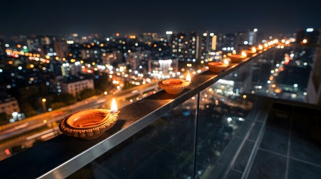 Traditional clay oil lamps glowing on balcony railing during night festival