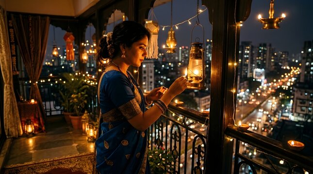 Woman in blue attire lighting glowing lantern on urban balcony at night