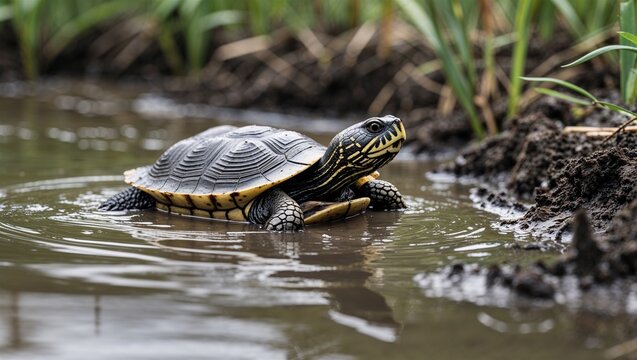 Freshwater turtle in shallow water near a grassy bank