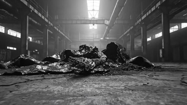 Low angle view of a heap of dark, viscous, and glistening substance in a desolate factory interior.