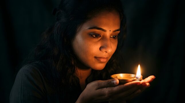 Young woman holding a burning oil lamp in hands with warm candle glow