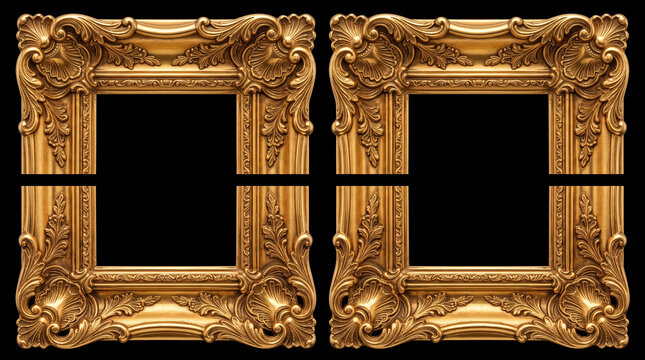 Two ornate gold picture frame corners arranged symmetrically against a solid deep black background surface with intricate carvings scrollwork decorative gold frame work