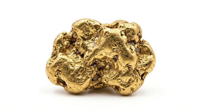 A single raw gold nugget isolated on a clean white background in studio lighting with textured metallic surfaces surfaces sits centered centered against plain with close