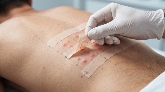 Dermatologist removing tape during a skin patch test on a patient's back to diagnose allergic contact dermatitis.