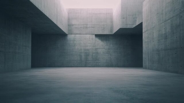 Minimalist brutalist concrete interior with geometric ceiling opening and textured cement walls