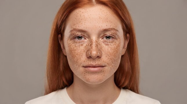 Beautiful close up portrait of a young woman with red hair and natural facial freckles