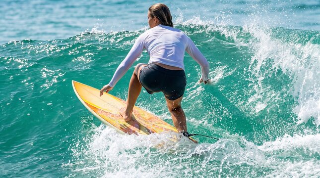 Athletic surfer balancing on a yellow surfboard riding a turquoise ocean wave