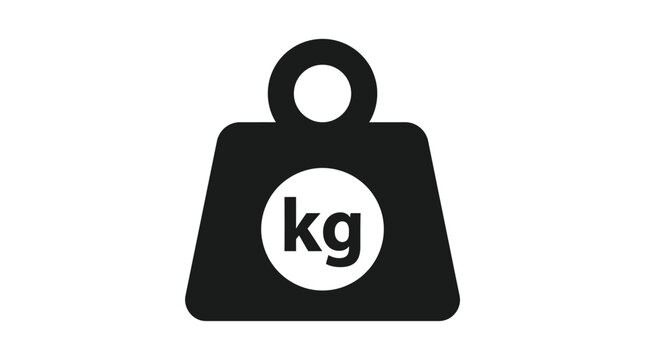 Black weight symbol icon featuring kilogram unit measurement text inside a white circle graphic element for fitness and gym equipment applications design