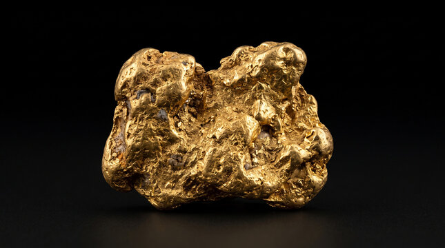 A single raw natural gold nugget displayed against a solid dark black background surface with sits centered against prospecting underground investment collection