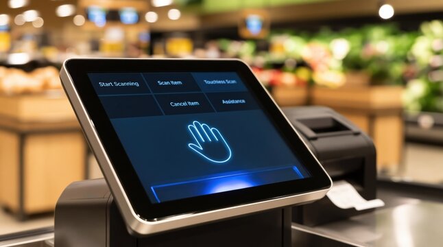 Checkout terminal screen with hand icon in a blurred retail grocery store digital pos system