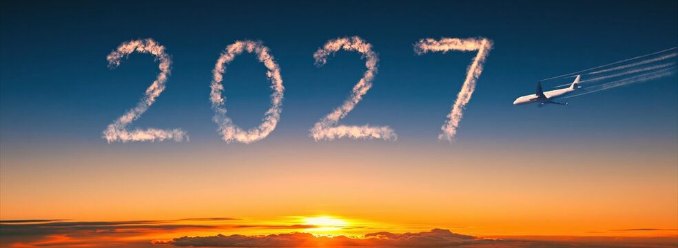 2027 year airplane skywriting in a sunset sky with clouds and contrails for future travel flight