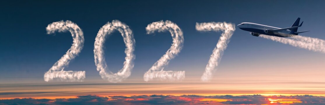2027 year airplane flying in the sunset sky drawing a white vapor contrail for future travel