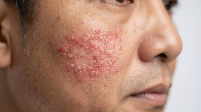 Grouped vesicles and blisters on an erythematous base on a man's cheek caused by herpes virus infection