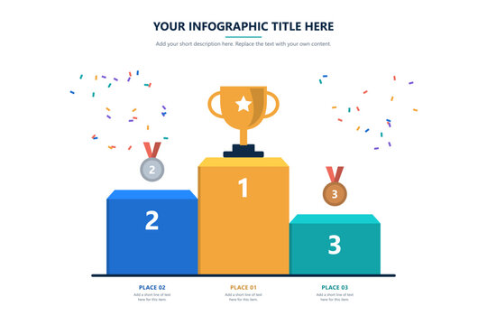 Winners podium infographic template with trophy, medals, confetti and three ranked places