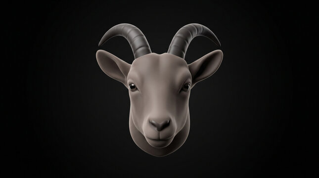 A 3d rendered minimalist goat head sculpture isolated against a solid dark black background surface with sculpture featuring smooth textures curved horns three dimensional
