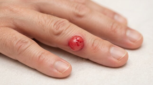 Macro shot of a red, inflamed pyogenic granuloma or hemangioma nodule growing on a finger.