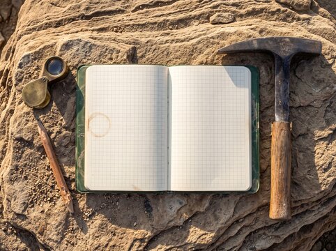 Blank Grid Field Notebook With Rock Hammer On Sandstone