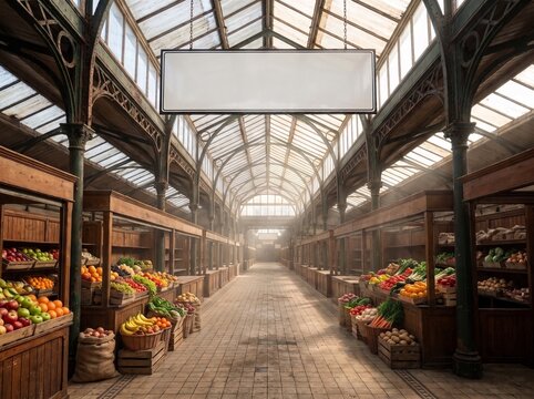 Victorian Market Hall With Fresh Produce Stalls And Blank Hanging Sign