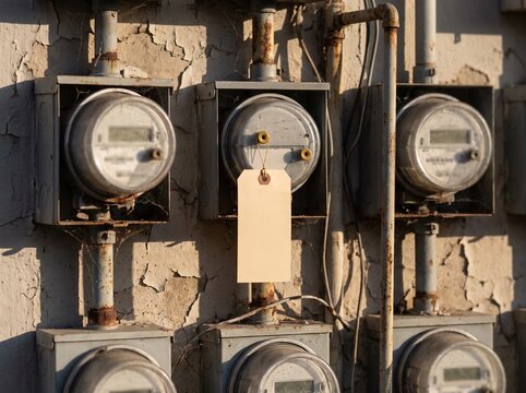 Weathered Electric Meters On Peeling Wall With Blank Tag On Middle Meter