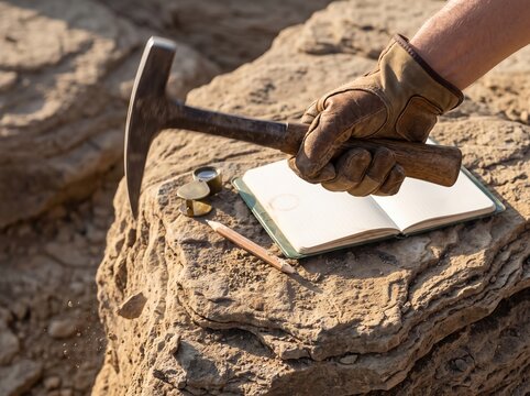 Gloved Hand Raising Rock Hammer Over Notebook On Sandstone