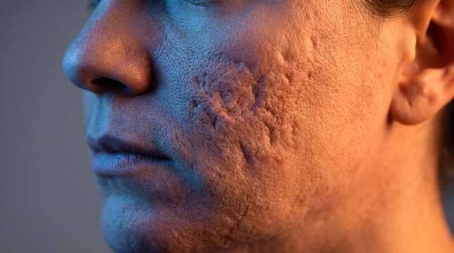 Close up of severe atrophic acne scars, ice pick, and boxcar rolling scars on a man's cheek.