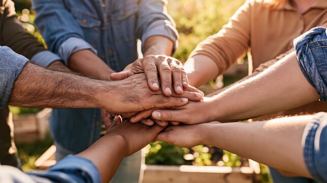 Team work and unity of diverse people joining hands together for community cooperation support