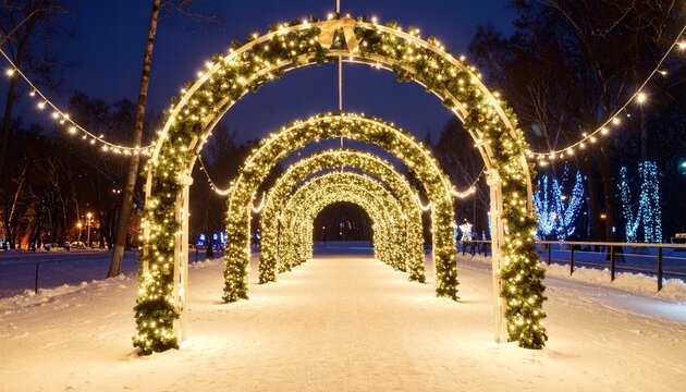 Christmas celebration and winter holidays illuminated archway tunnel with festive lights in a snowy park at night for seasonal event marketing