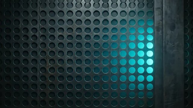 Heavy industrial metal doors with circular perforations sliding open