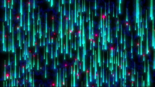 Abstract Digital Background Featuring Vertical Streaming Cyan Light Beams And Glowing Red Particles Descending Against A Dark Textured Backdrop Creating A Futuristic Sci-Fi Atmosphere Of Data Flow And