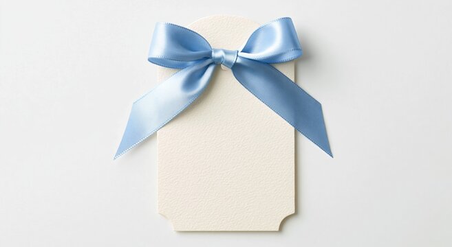 Tag with a blue satin ribbon bow and blank paper label for a gift present on white stationery