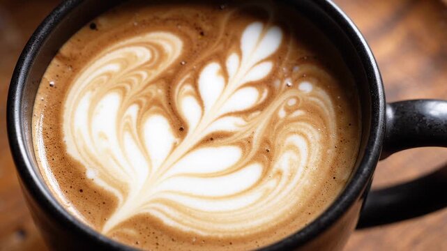 Close up of latte art being poured into a black mug showing the process from start to finish