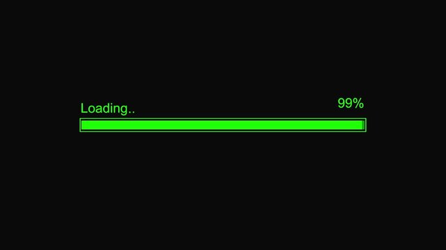 Green color loading progress bar, Loading progress indicator from 0% to 100% increasing percentage, Loading complete progress bar with counting number of percentage