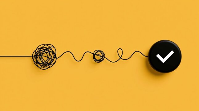 Simplification of a complex process into a clear path to success with a problem solving checkmark