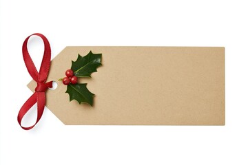 Obraz premium Tag and label for a christmas gift with a festive red ribbon and holly berry on brown kraft paper