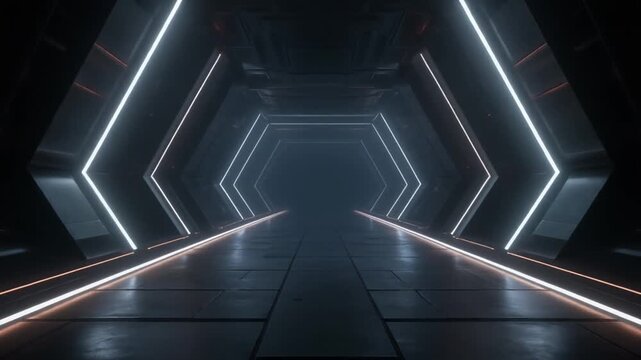 Atmospheric hexagonal sci-fi corridor with white neon arches and misty background
