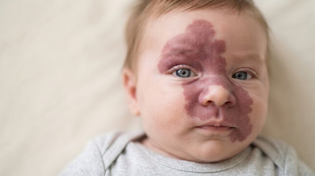 Portrait of a newborn baby with a large port wine stain capillary malformation on the face