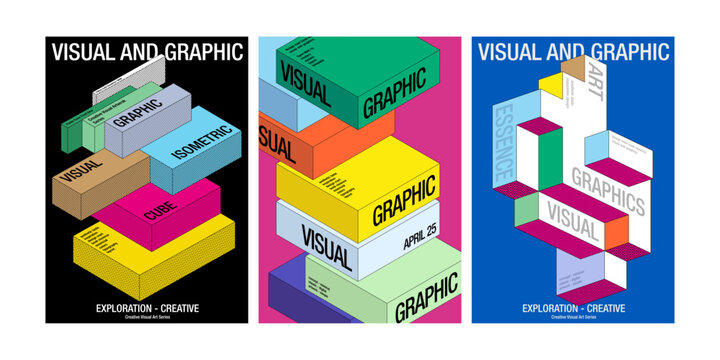 Isometric Graphic Poster Set with Colorful 3D Blocks, Bold Typography, Geometric Cube Structures, Halftone Texture and Modern Visual Design in Black, Pink, Blue and Yellow