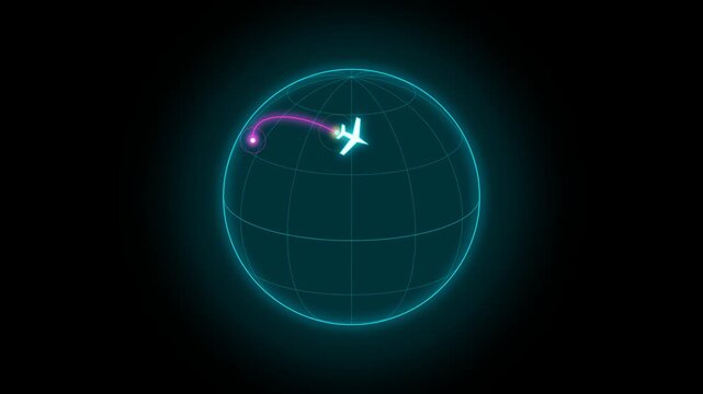 Airplane traveling around glowing globe along colorful flight route
