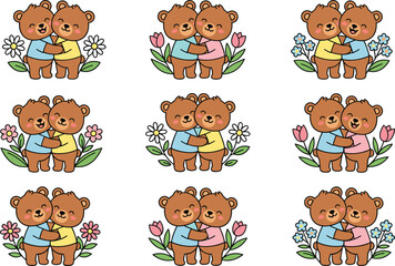 Fototapeta premium Cute Teddy Bears Hugging with Flowers Charming Cartoon Illustration